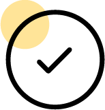 Checkmark inside a circle with a smaller yellow circle in the corner